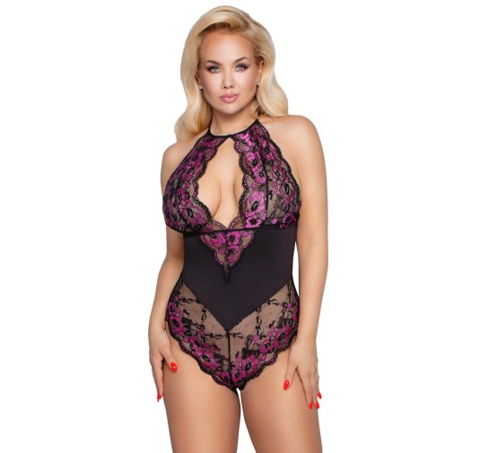 Cottelli CURVES - Dwukolorowe Kwiatowe Body Z Delikatne Koronki 4XL